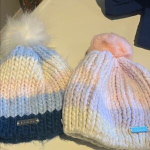 2 Bebe Kids Pom-Pom Knit Beanie Set - Blue and Pink